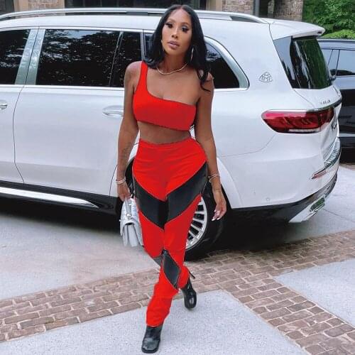 Contrast Color Patchwork Two Piece Pant Suit One Shoulder Sleeveless Tank Crop Top and Jogger Sweatpant Early Autumn Sport Set