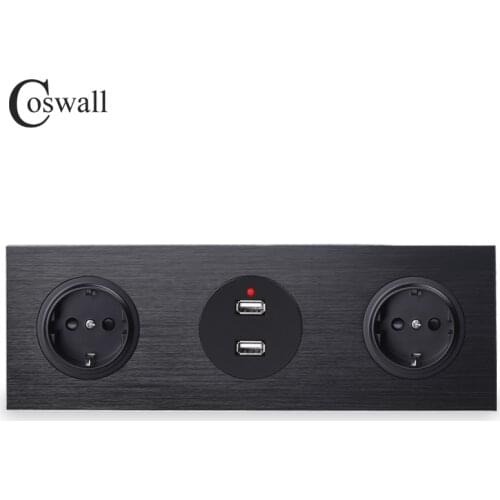 Coswall Black Aluminum Panel 16A Double EU Standard Wall Power Socket Grounded + Dual USB Charging Port 2.4A Output R12 Series