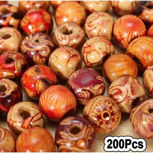 200Pcs Painted Wooden Beads Spacer Round Big Hole Beads for Jewelry Making Fit Charm Bracelet DIY Findings 9x10mm