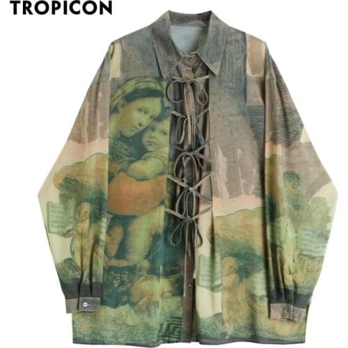 TROPICON Renaissance Print Long Shirt Women Long Sleeve Blouse Tie Vintage Top Loose Button Up Collar Shirt Fashion Designer