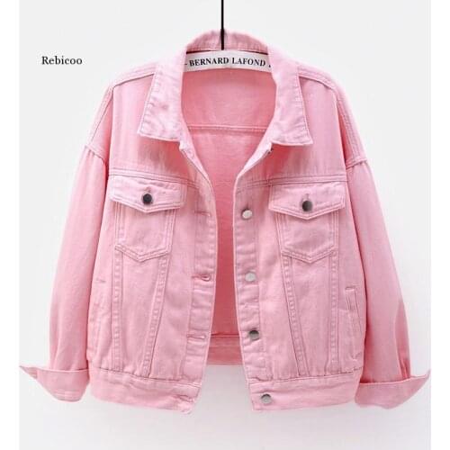 Womens Plus Size Denim Jacket Spring Autumn Short Coat Pink Jean Jackets Casual Tops Purple Yellow White Loose Outerwear
