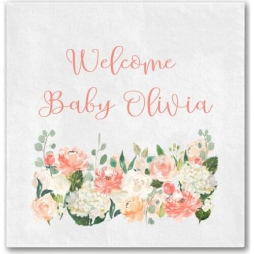 Welcome Baby Pink Floral Baby Shower Napkins, Personalized Napkins, Baby Shower Napkin, Floral Baby, Custom Full Color Napkins