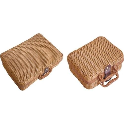 Home Retro Straw Rattan Storage Box Picnic Travel Basket Suitcase Handbag