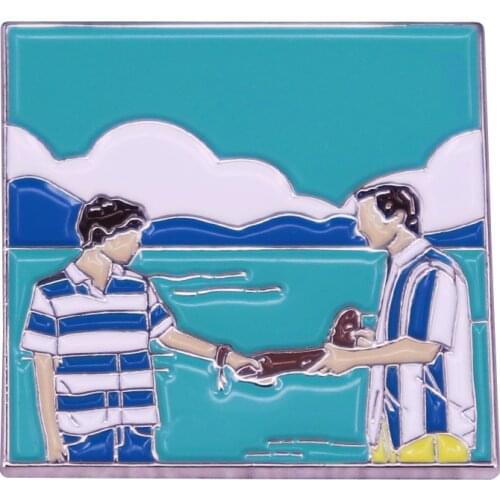 Elio Perlman and Oliver Luca Guadagnino romantic drama film lapel pin gorgeous gay love story brooch