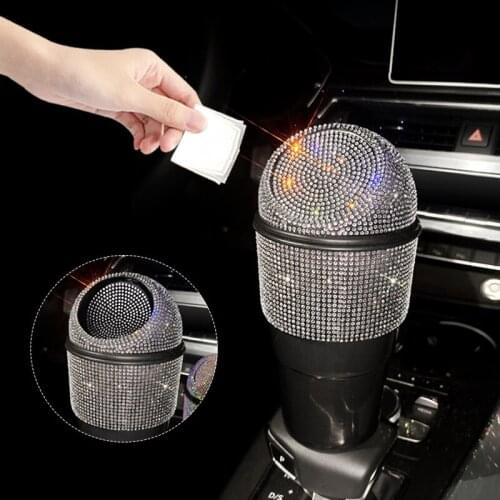 Crystal Car Trash Can Bling Diamond Car Garbage Can Container Wastebasket Rhinestone Auto Trash Bin with Lid Storage Box