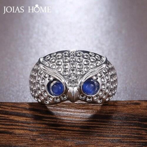 JoiasHome Vintage Owl Design Ring For Men Women Unisex Silver 925 Jewelry Blue Gemstones Creative Fashion Party Gift Size6-10