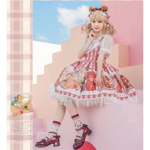 Kawaii Stamp Bear Printing Lolita JSK Dress Women Lacing Stitching Lace Pleated Sleeveless Strap Dress B1848