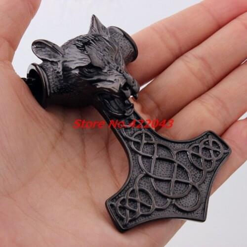 Cool Vintage 316L Stainless Steel Knot Wolf Thors Hammer Pendant Necklace for Mens boys , 24" Chain, Black Colour Jewelry