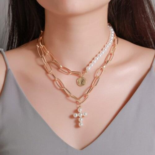 Meetvii Fashion Pearl Corss Pendant Necklace for Women Gold & Silver Color Multi Layer Chain Necklace Female Jewelry
