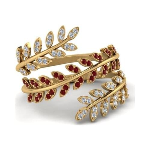 Charm Female Red Zircon Stone Ring Classic Gold Color Engagement Ring Vintage Leaf Crystal Open Wedding Rings For Women
