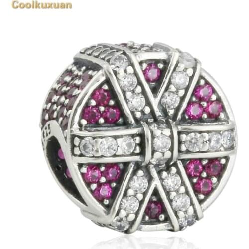 Original 925 Sterling Silver Red Shimmering CZ Pave Christmas Gift Round Box Charms Beads Fits Pandora Bracelet Winter