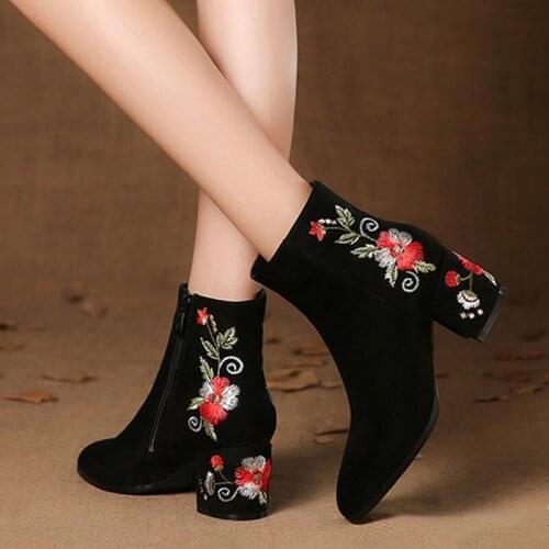 Autumn winter new frosted short boots coarse heel cashmere womens shoes national wind soft-soled embroidery heel cottonre453