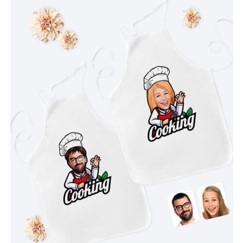 Personalized Dual Male and Female Chef Caricature Of White Kitchen Apron Seti-14 Custom Design Souvenir Beautiful Memories friends