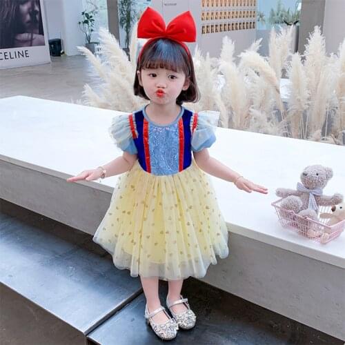 Girls Snow White Princess Dress Puff Sleeve Party Dress Children Cartoon Custom Cosplay Costume For Kids with Hair band