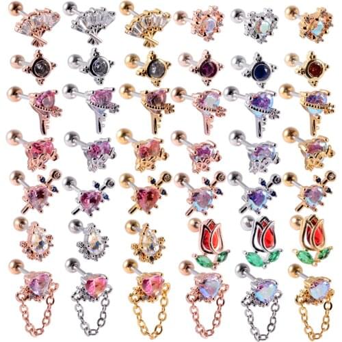 Korean CZ Cartilage Stud Earring for Women Fashion Colorful Crystal Stainless Steel Tragus Conch Rook Helix Ear Piercing Jewelry