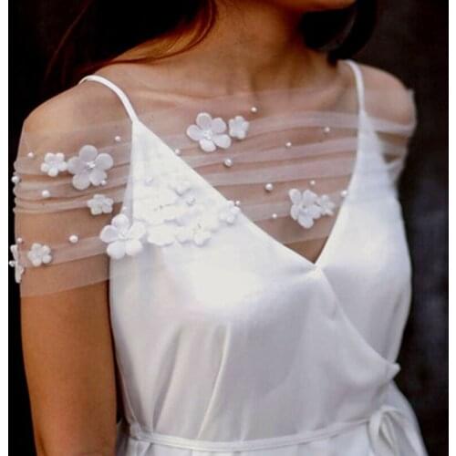 Wedding Shawl Lace Pearls Three-dimensional Flower One-Character Shawl Bridal Wraps Wedding Accessories for Elegant Bridal 2021