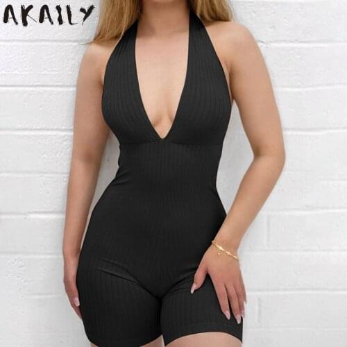 Akaily Streetwear Black Casual Rompers Women Jumpsuit Halter V Neck Bodycon Backless Romper Women Solid Wrap Jumpsuit Women 2021