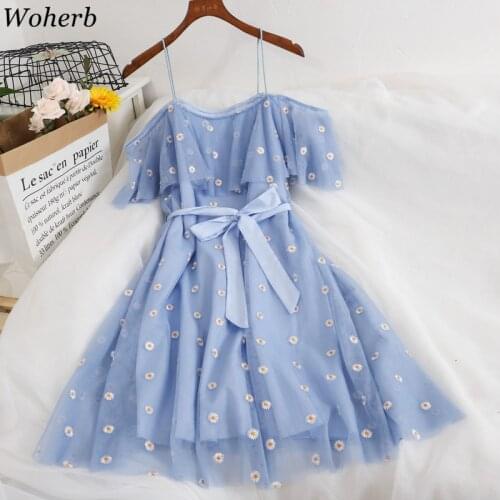 Woherb Sweet Princess Dress Women Clothes 2021 Gauze Elegant Robe Embroidery Floral Sling Vestidos Feminino Sexy Bandage Dresses