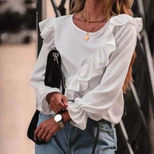 Ladies Chic Tunic Tops Spring Autumn Office Ruffles Apricot Shirts Women Long Sleeve T-Flounce Pleated Office Blouse Рубашки