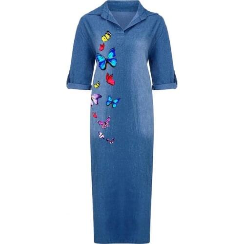 Denim Dress Vintage Casual Loose Dress Butterflies Print Split Women V Neck Half Sleeve Dress for Party