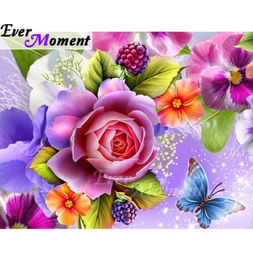 Ever Moment Diamond Painting Handmade Pink Flower Butterfly Full Square 5D DIY Diamond Embroidery Decoration Hobby ASF2010