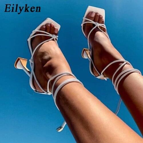 Eilyken Summer New Fashion Narrow Band Women Gladiator Sandals Ladies Square Open Toe Ankle Lace Up Strange High Heels Shoes