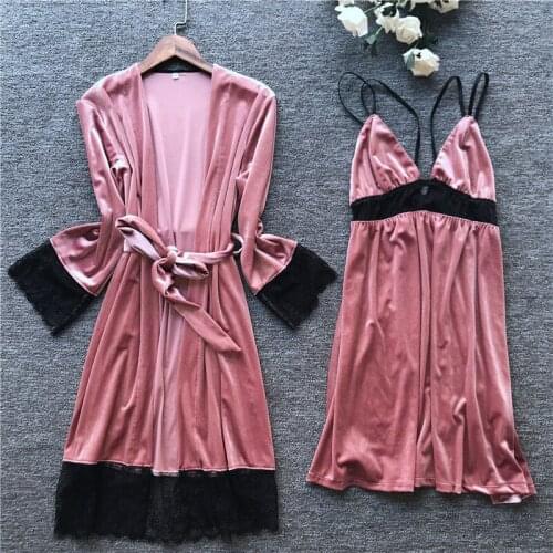 T autumn winter robe women sexy two piece set female sleepwear robes lace dressing gowns womens nightwear