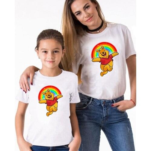 Rainbow Winne Pooh Printed T Shirts Summer White O-neck Casual Loose O-neck T-shirts Family Matching Outfits Clothes