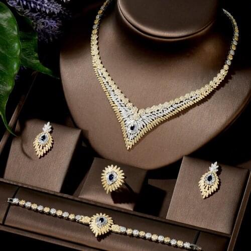 HIBRIDE Unique Luxury Pendant 2 Tones Dubai Jewelry Set CZ Earrings Necklace Women Bridal Jewelry Set Party Gifts N-1445