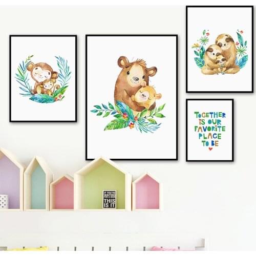 Cute Monkey Bear Sloth Family Flower Leaf Quote Wall Art Canvas Painting Nordic Posters And Prints Wall Pictures Kids Room Decor