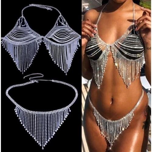 40GC Women Sexy Rhinestone Body Chain Bikini Set Crystal Tassel Bra Panties Underwear