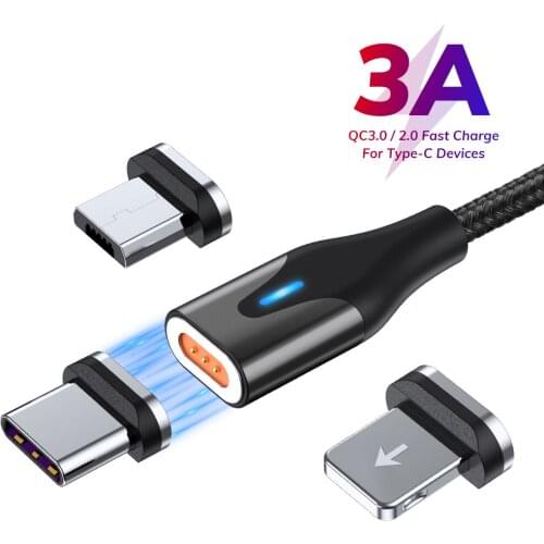3A Magnetic USB Cable Type C Micro USB Cable For iPhone XS XR Xiaomi 1M Fast Charging Wire Nylon LED Magnetic Charger Data Cord