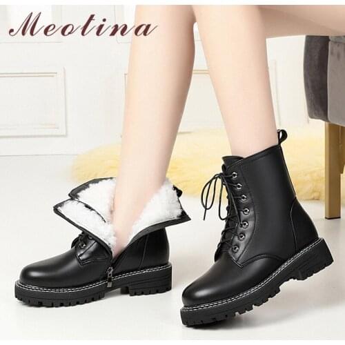 Meotina Real Wool Fur Real Leather Flat Platform Motorcycle Boots Women Short Boots Shoes Lace Up Zip Ankle Boots Winter Black