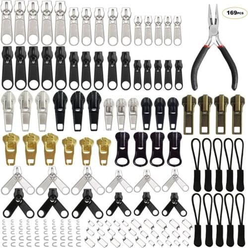 169 Pcs Zipper Repair Kit Zipper Replacement Pull Rescue with Zipper Install Pliers Tool & Extension Pulls for Clothing Jackets