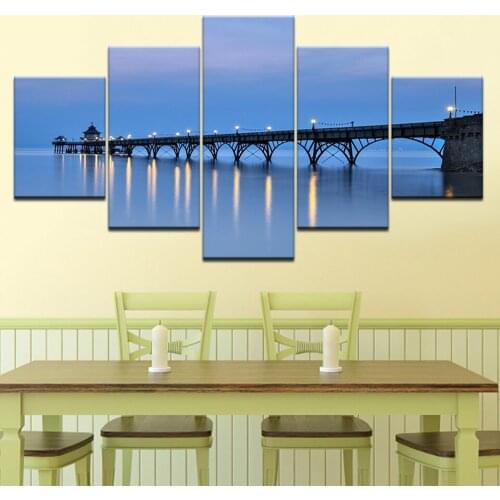 5 Pieces Wall Art Canvas Painting Wood Bridge Night Light Landscape Poster Modern Living Room Framed For Decoration Modular