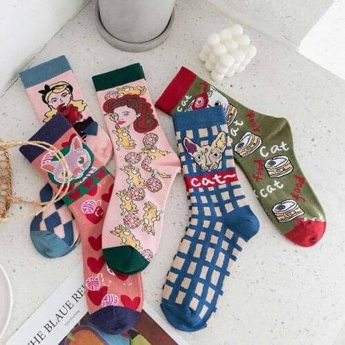 Spring and Autumn New To Kawaii Korean Cotton Socks Japan Harajuku Cute Cartoon Cat Plaid Red Haired Beauty Hip-Hop Crew Socks