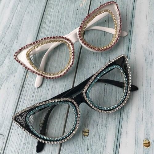 Cat Eye Shape Women Eyeglasses Clear Lens Female Sunglasses Diamond Handmade Sun Glasses UV400 Vintage Oculos De So
