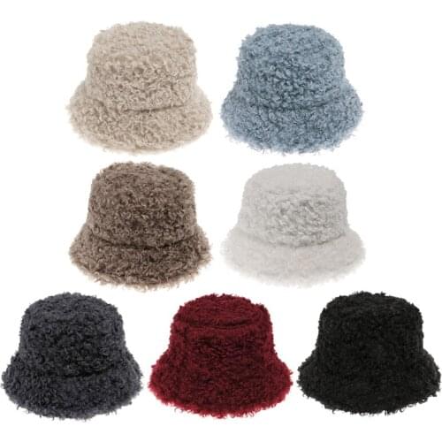 Unisex Winter Warm Wave Curly Faux Fleece Bucket Hat Harajuku Simple Solid Color Hip Hop Fluffy Panama Fisherman Cap
