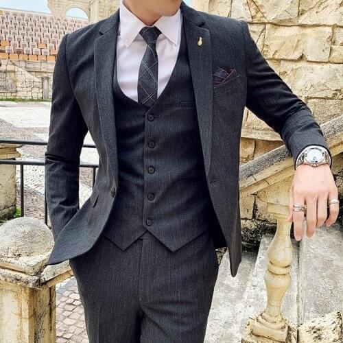 Jacket + Vest + Pants ) High-end Formal Business Striped Fashion Mens 3 Piece Suit Groom Wedding Dress Stage Performance Suit