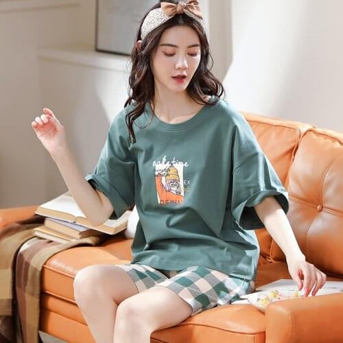 BZEL New Summer Pajama Set Womens Cotton Nighty Plaid Shorts Sleepwear Girls Casual Pijamas Loose Home Wear Comfortable Pyjamas