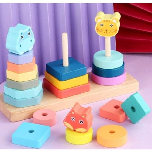 Shape Matching Toy Stacking Block Wooden Building Block Brain Developmental Stackable Animal Block Toy Geometric Toy