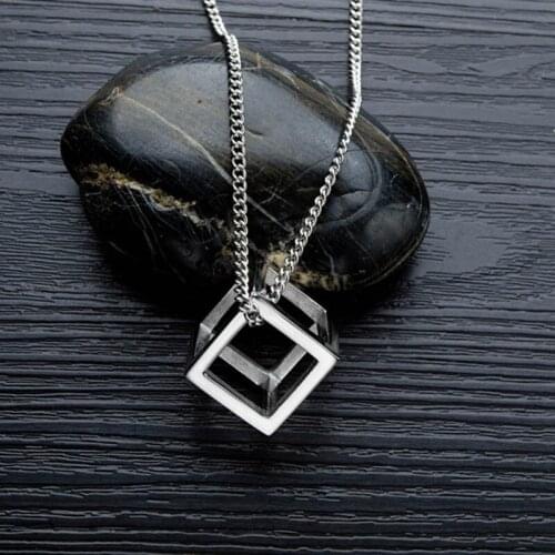 Retro Hollow Cube Pendant For Men Stainless Steel Square Vintage Necklace Punk Geometric Collier Chain Pendant Necklace