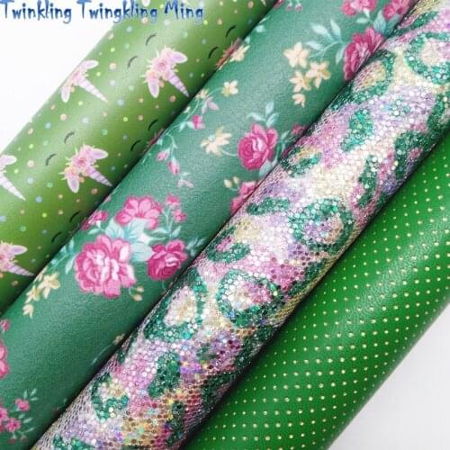 Leopard Printed Mesh Glitter fabric, Rose Flowers Unicorn Printed Synthetic leather Faux Leather 21x29CM Twinkling Ming KM492