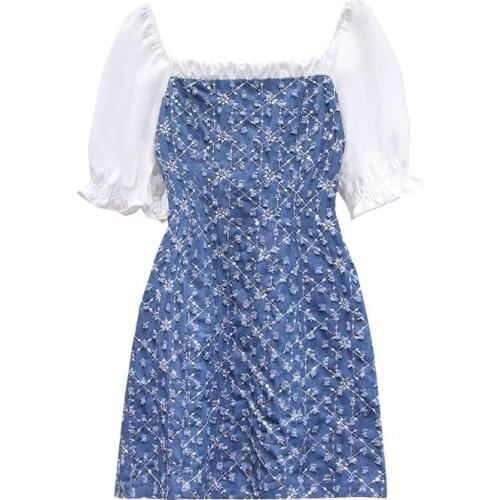 Slim Waist Splicing Jeans Embroidery Vestido Festa Elegant Pastel Office Ladies Chic Mini Dress Sexy Party Korean Dress Women