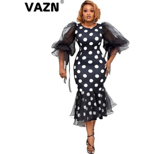 VAZN New 2021 Tulle Banquet Party Dot Print Women Elegant Fashion Maxi Dress Slim Dress Club Birthday Shinny Dress