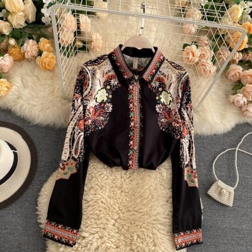 Womens Spring Autumn Runway Fashion Print Shirt Female Vintage High Waist Casual Blouse Tees Tops TB1605