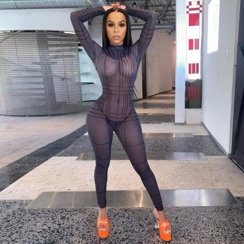 2020 long sleeve mesh see-through stripe print sexy jumpsuit autumn winter women fashion streetwear outfits jumper