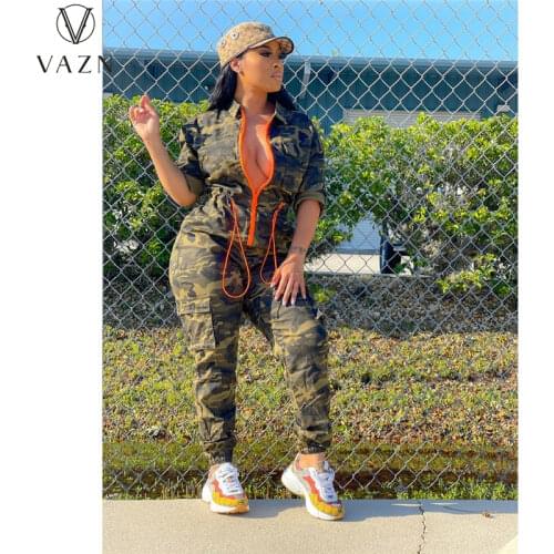 VAZN 2021 New Print Elegant Punk Style Camouflage Shinny Pleated Sexy Lady Women Party Beach Jumpsuits Full Pant Bandage Rompers