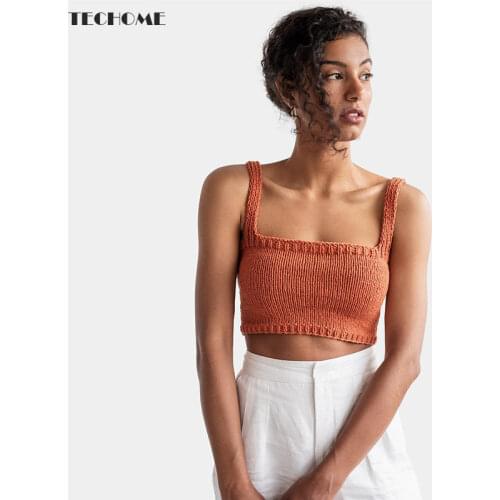 2021 European Summer Knitted Vest Sling Tops Womens Knitwear Camis Slash Neck Suspender Vest Tanks Summer Slim Short T-shirts