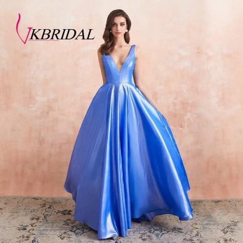 Vkbridal Elegant V-Neck Prom Dresses Long New 2020 Shining A-line Party Dress with Pocket Backless Brightly Formal Evening Gowns